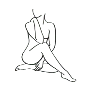 Line drawing of a seated figure with crossed legs. The figure has no head or detailed features, and one arm rests on the knee.